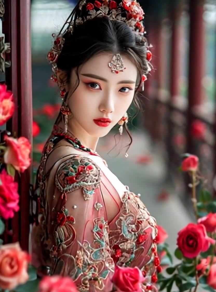 古典美人，红玫瑰与粉衣，古典与唯美意境融合。