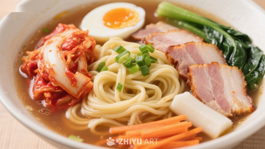 美味拉面配叉烧、泡菜和蔬菜