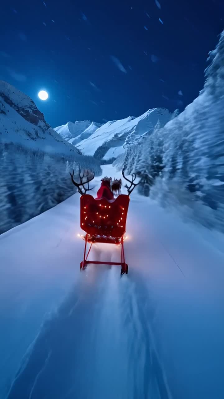 雪橇由驯鹿拉着，快速滑行在白雪皑皑的山路上。夜空中