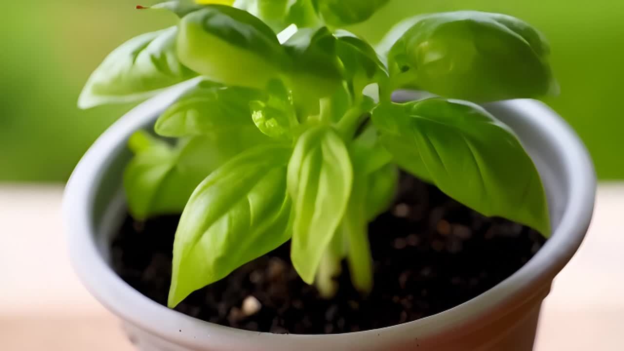 一个盆栽罗勒植物从一个小芽生长到完全成熟。画面采用