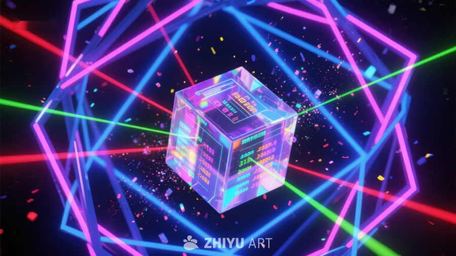 霓虹光束中的透明立方体 357