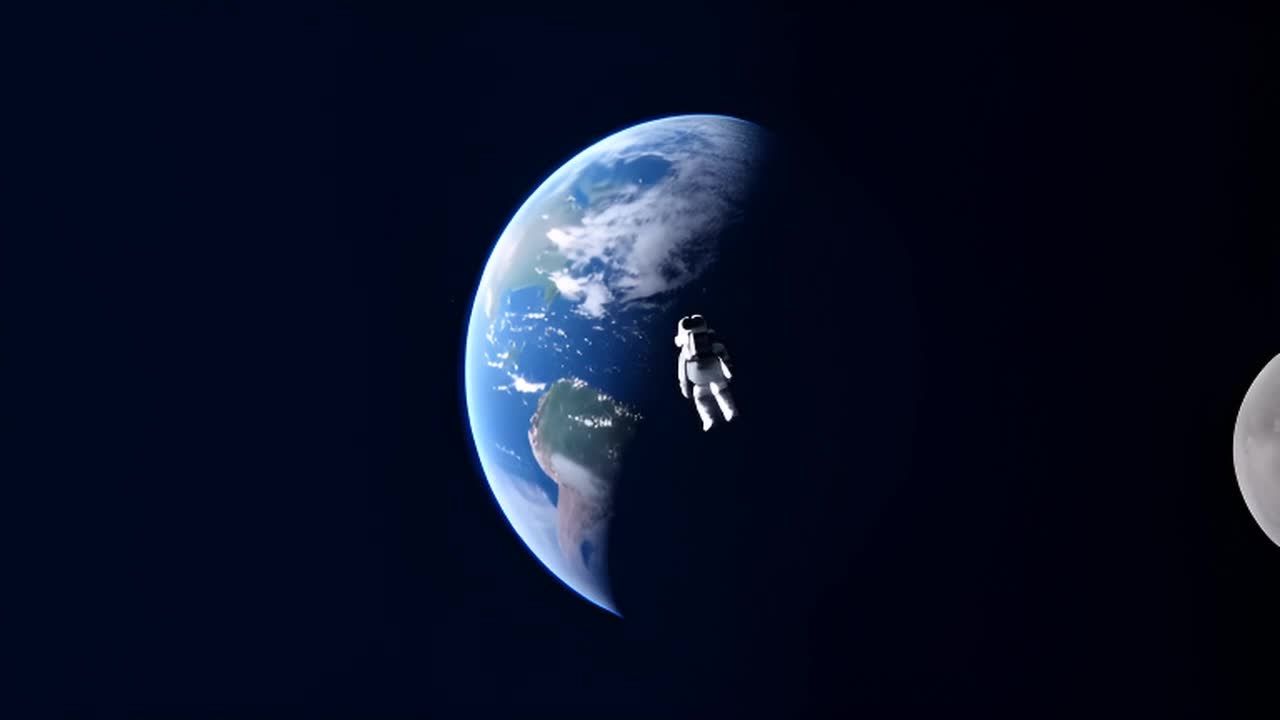 宇航员漂浮在地球和月球之间。地球是一个蔚蓝色的星球