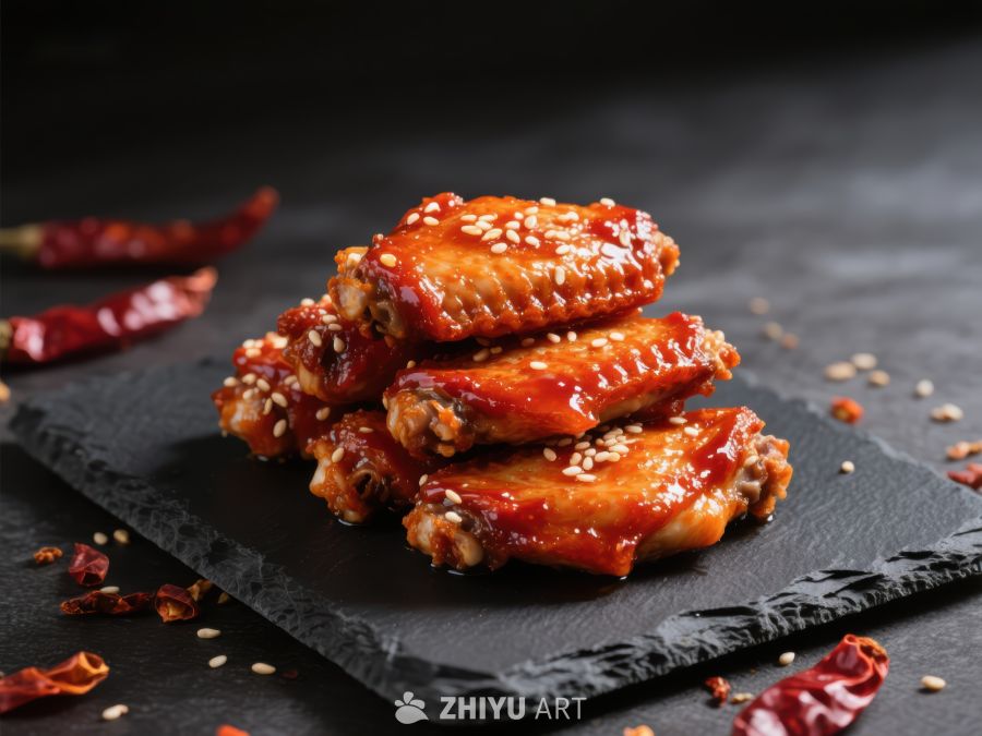 香辣鸡翅堆叠在黑色石板上
