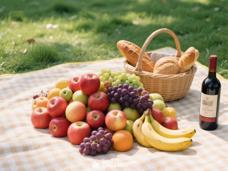 户外野餐水果面包与红酒 244