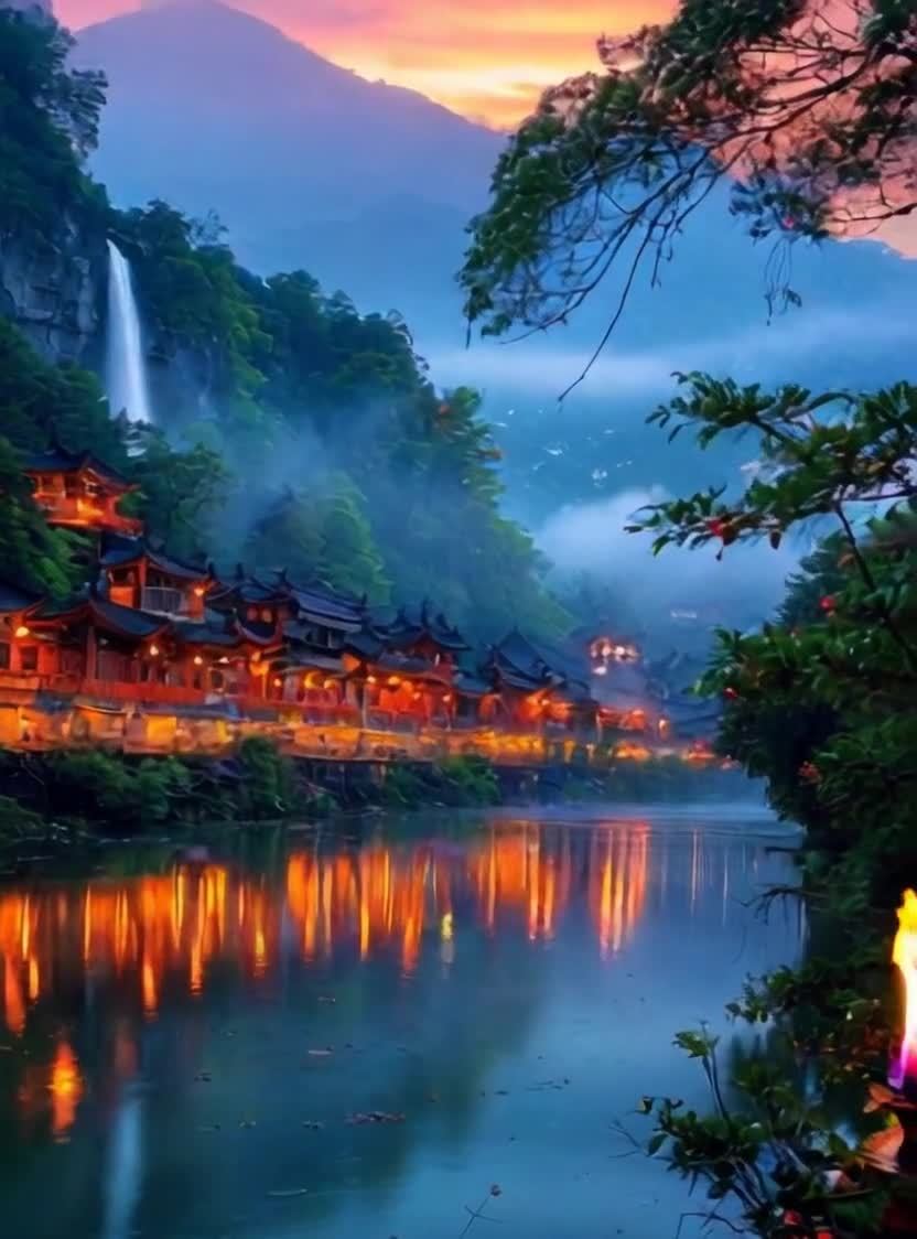 夜幕下的古镇，瀑布飞流，灯光倒映水面。