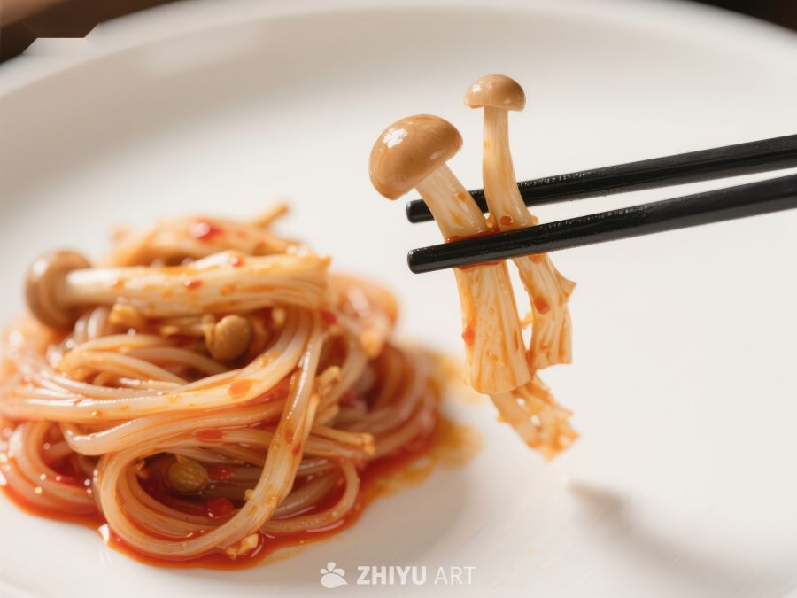 筷子夹起金针菇，盘中拌有酱料 681