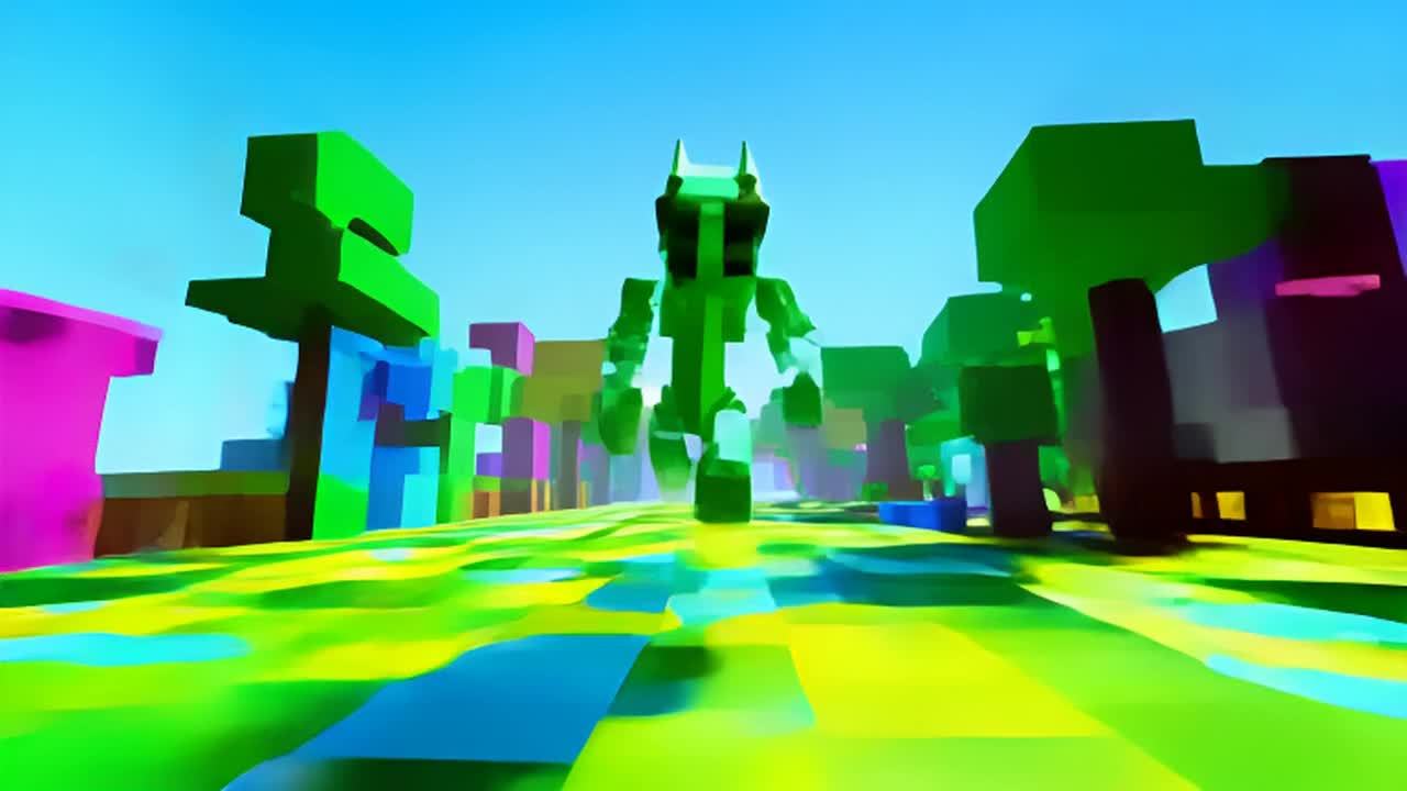 一个3D像素风格的外星人在一个充满活力的8比特风景