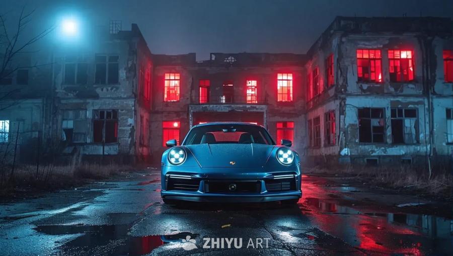 夜间，一辆蓝色保时捷911 Turbo停在一栋废弃