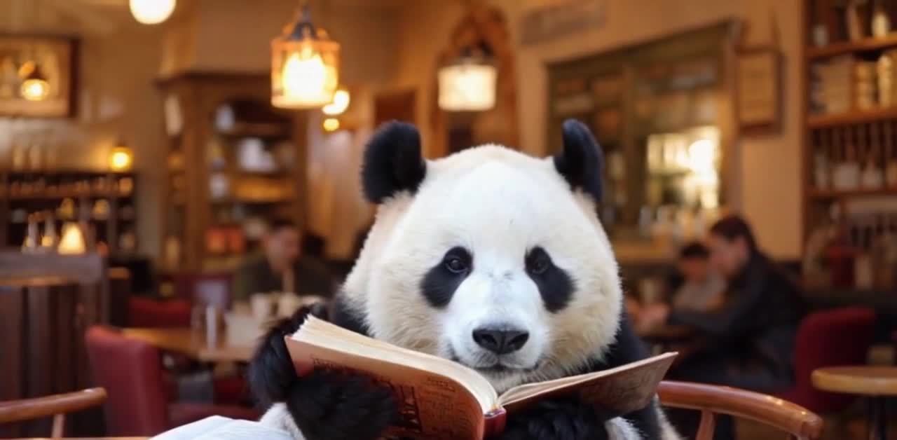 咖啡馆里专注阅读的熊猫