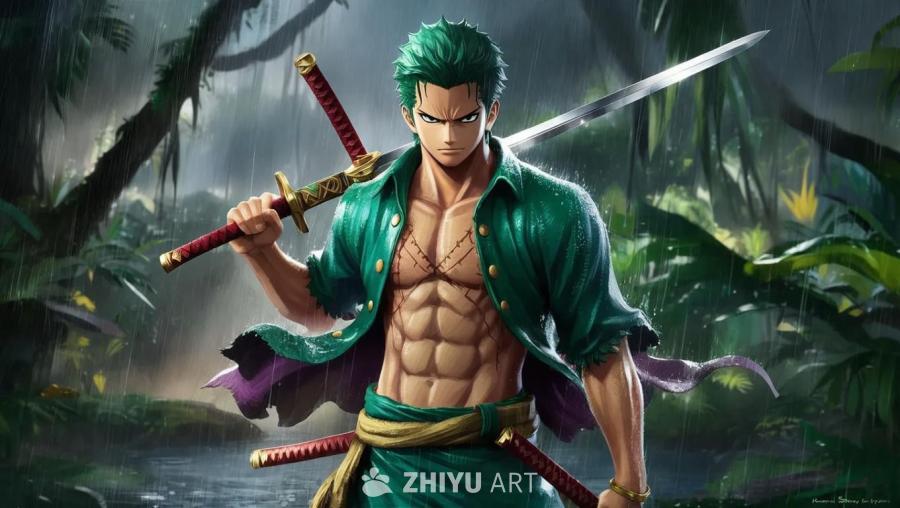 一个绿色头发、有伤疤的男子站在雨中的热带雨林里，他