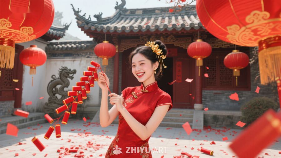 女子身着红色旗袍庆祝传统节日 699