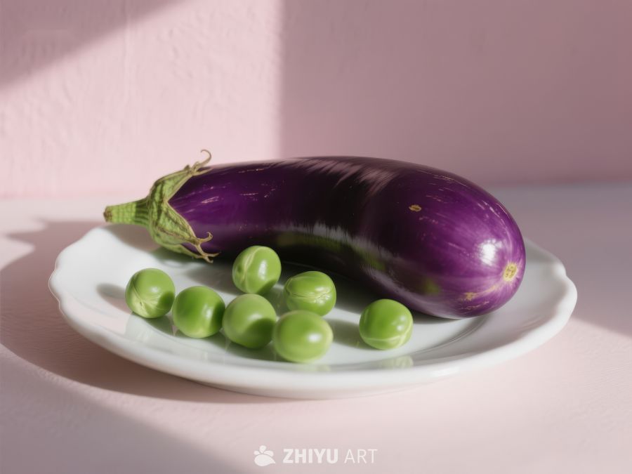 紫色茄子与绿色豌豆的静物组合 873