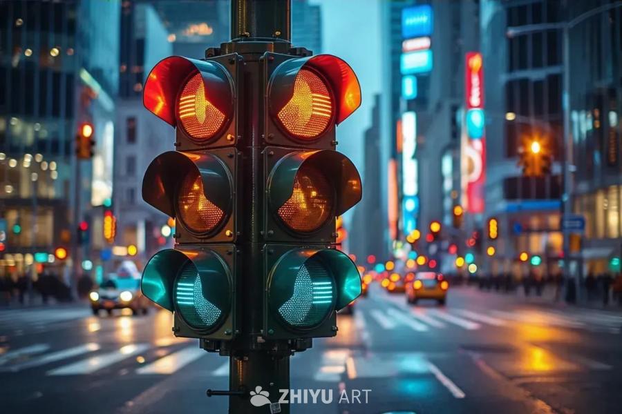 一个未来主义风格的交通信号灯控制系统矗立在繁华都市