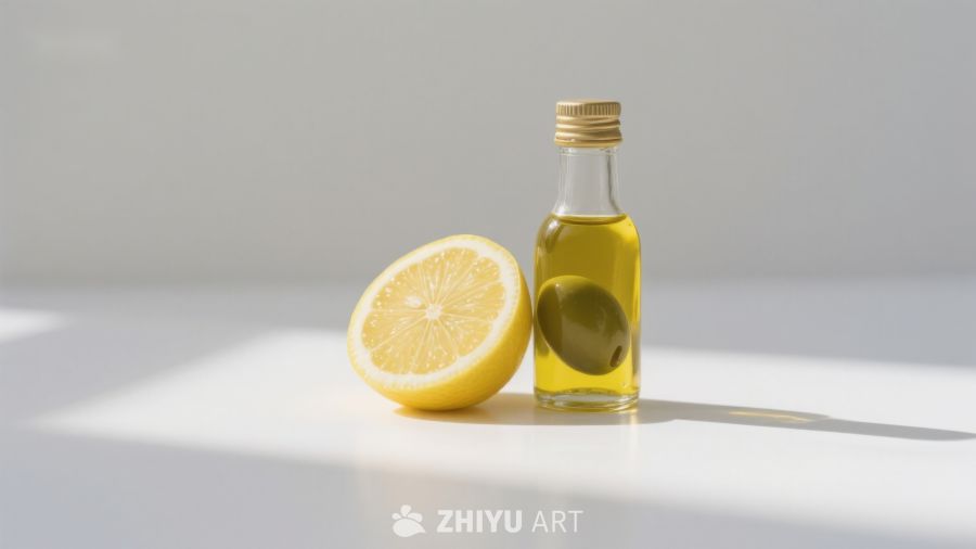 柠檬与橄榄油瓶的静物组合 269