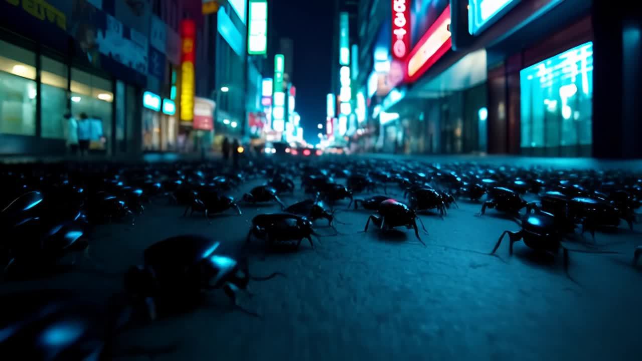 夜间的城市街道上，大量黑色蟑螂在地面爬行，街道两旁