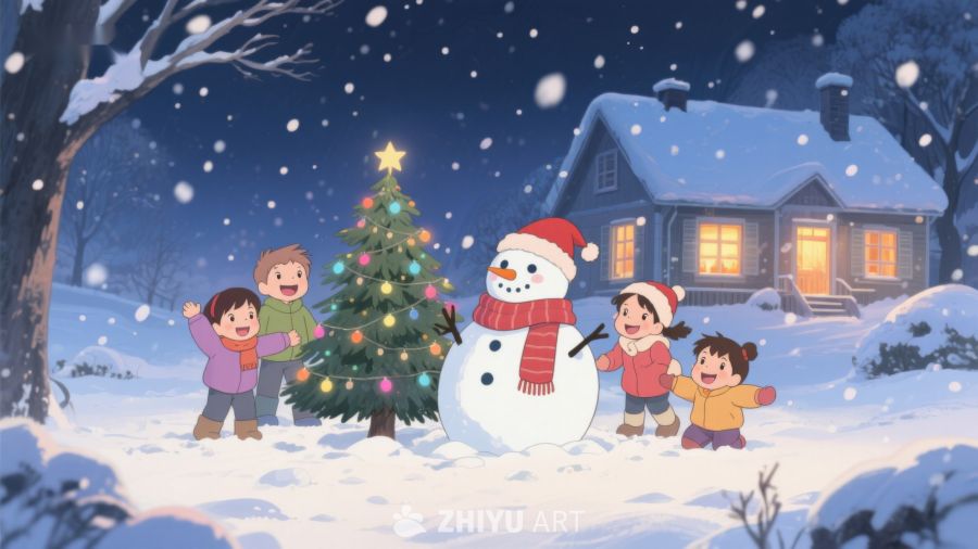 冬夜雪景中孩子们与雪人共度圣诞 124