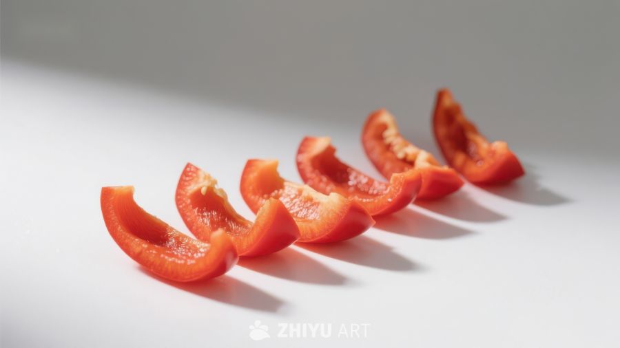 切片红椒排列在白色背景上