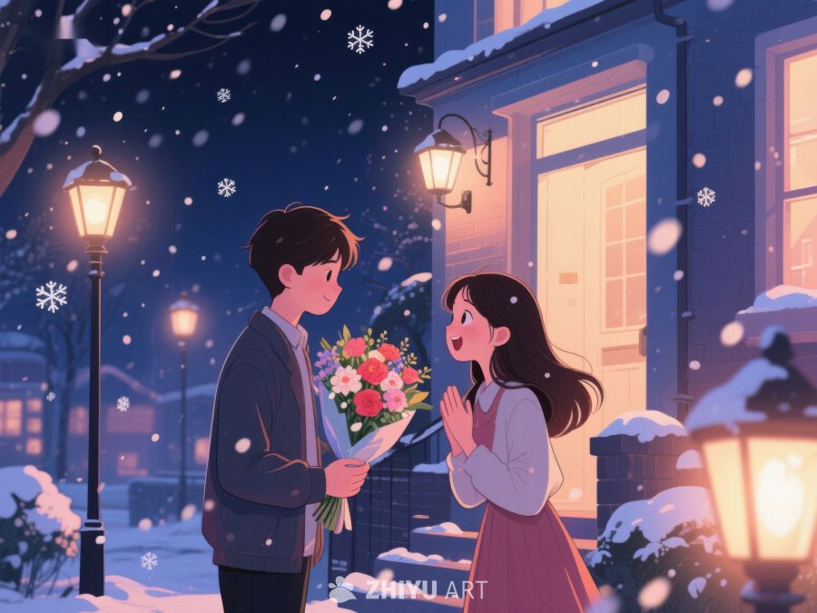 冬夜雪中送花的温馨场景 160