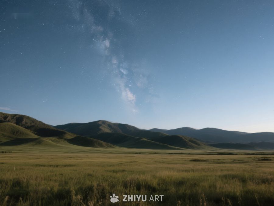 草原夜景，星空下的宁静山丘 1
