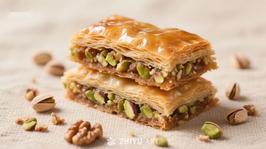 酥脆坚果糕点叠放特写