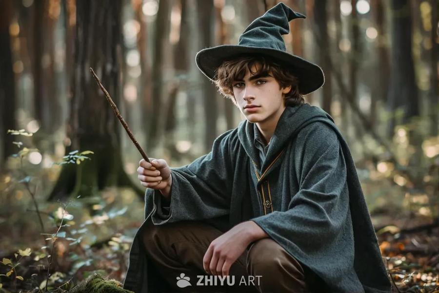 一个年轻男子头戴歪斜的巫师帽，身穿巫师袍，手持魔杖