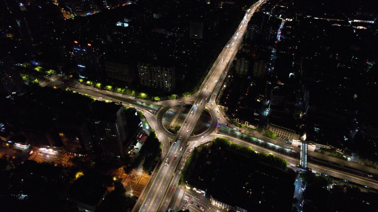 浙江杭州城市夜景灯光交通车两行驶航拍 