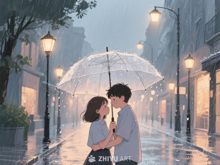 雨中街灯下的温馨伞影 1148