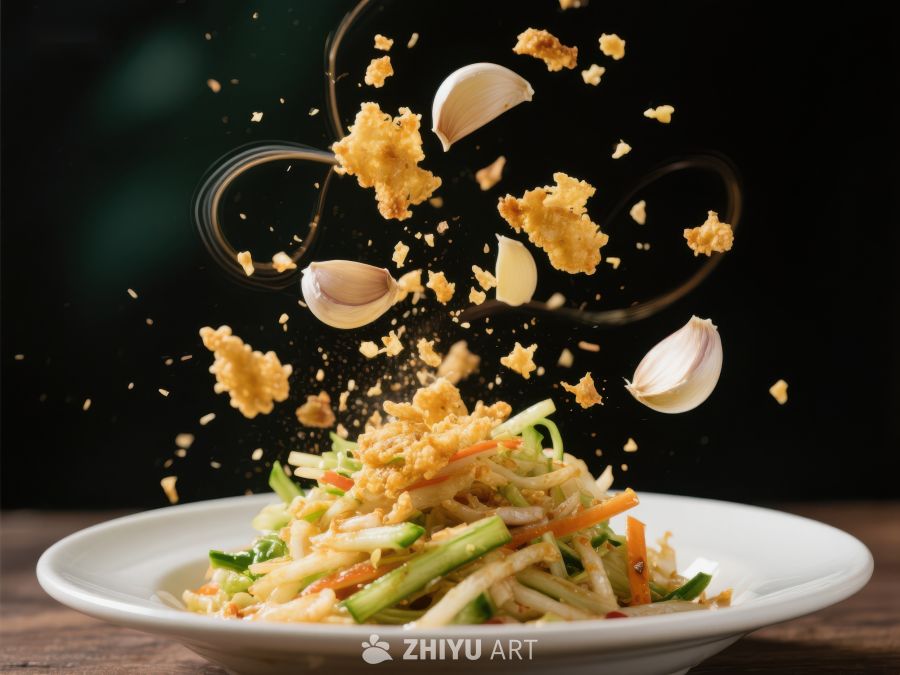 新鲜蔬菜沙拉与蒜瓣、面包屑空中飞舞 1705