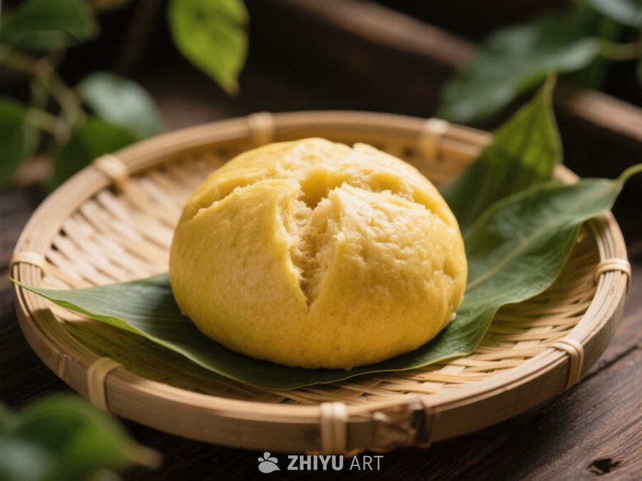 金黄色面包置于竹篮绿叶之上 475