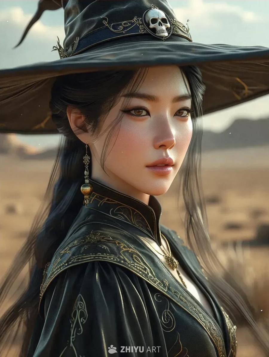 一位穿着黑色金色刺绣长袍的韩国女性，戴着一顶黑色帽