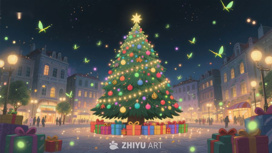 夜幕下的圣诞树与礼物 473