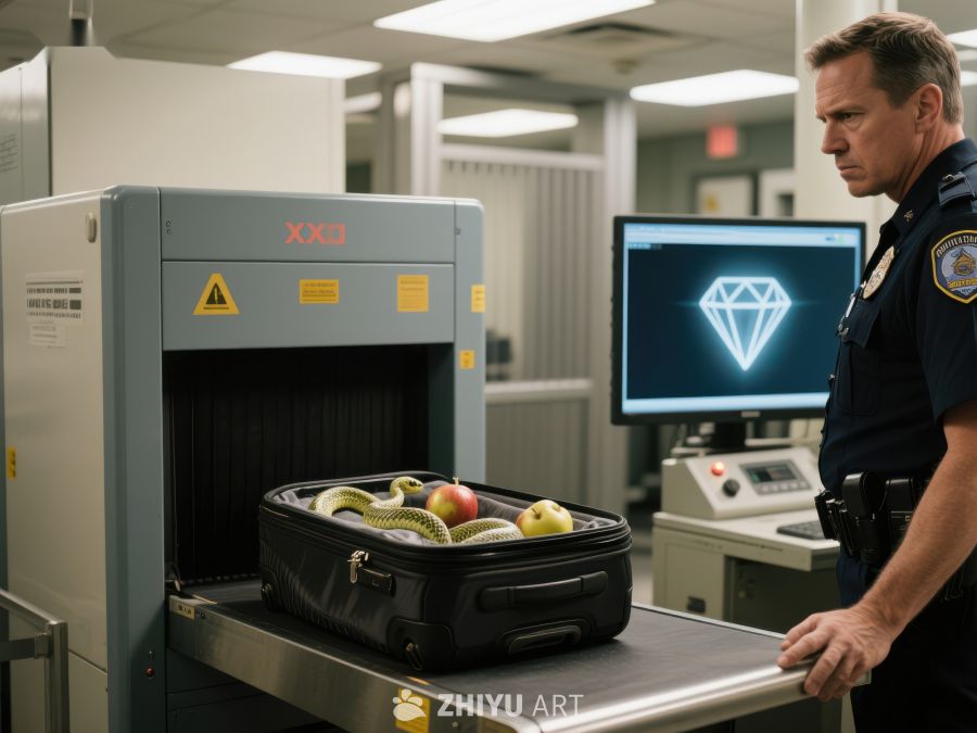 安检机扫描行李，屏幕显示钻石图标 1
