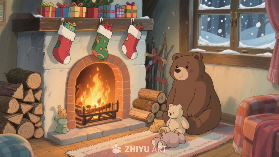 温馨冬夜，熊与玩具共度炉火旁 254
