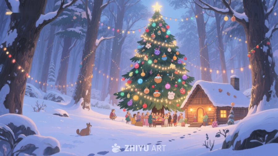 雪林中的圣诞树与小屋 360