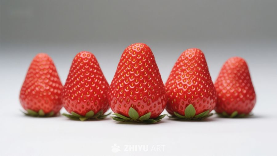 五颗新鲜草莓整齐排列