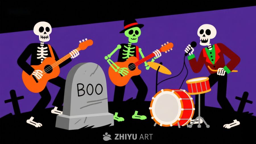 骷髅乐队在墓地演奏