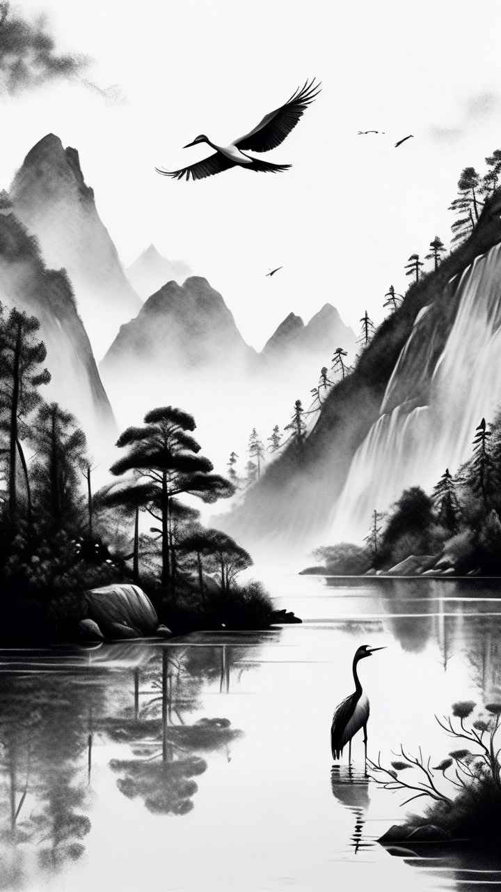 国风山水鹤插画背景 74