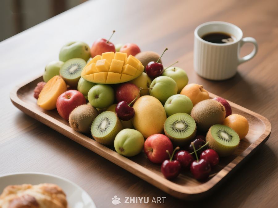 新鲜水果拼盘与咖啡杯 701