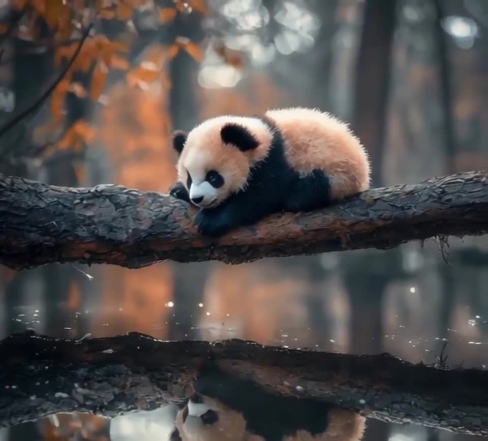 一只熊猫幼崽趴在树枝上，背景是树林和水面，水面倒映