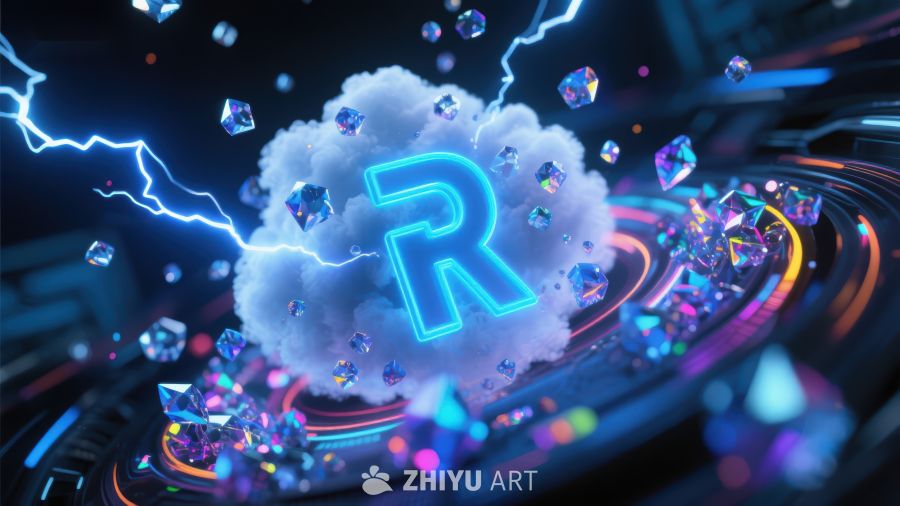 霓虹字母'R'与闪电环绕的云朵 449