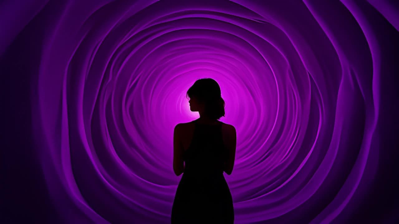 一个穿着黑色连衣裙的女性背对着镜头，站在一个紫色的