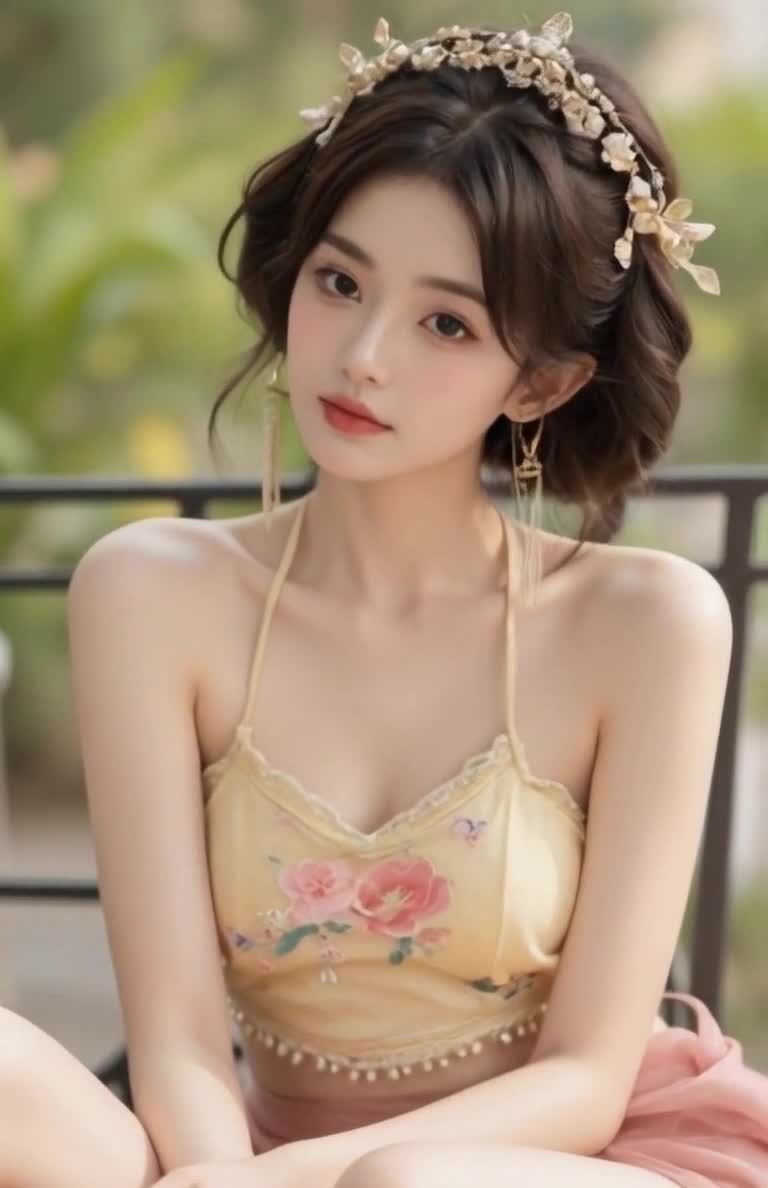 花卉头饰吊带背心裙的年轻女子