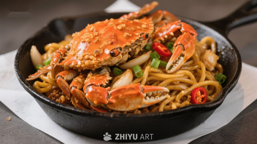 铁锅炒蟹配面条