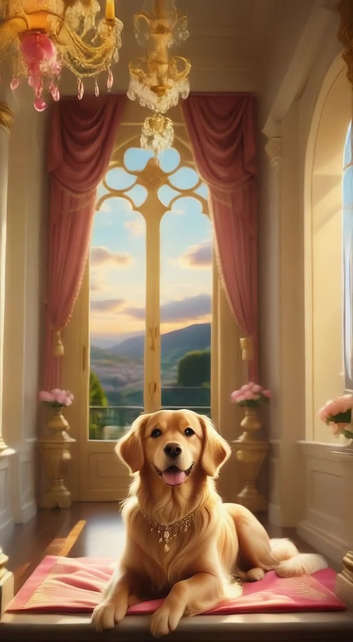 一只金色的拉布拉多猎犬坐在粉红色的枕头上，轻轻地抬