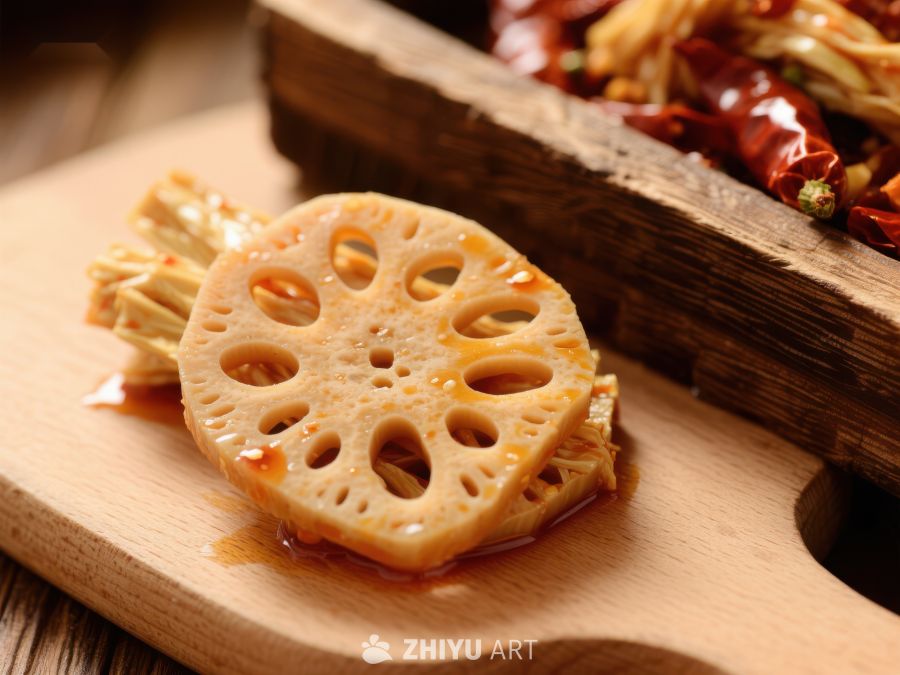 莲藕切片配辣椒，木质砧板上的美食 817