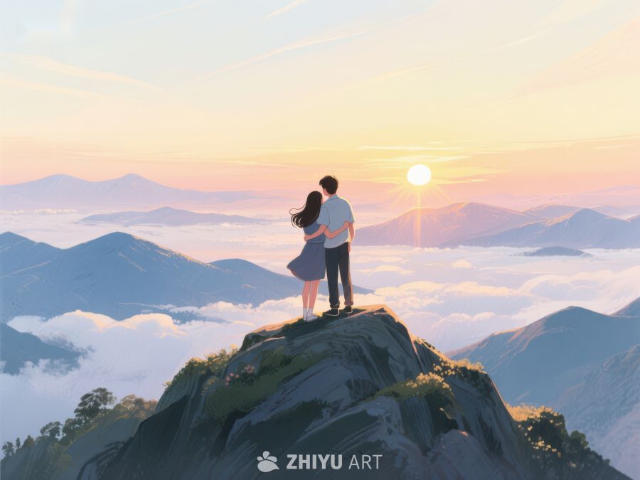 山顶情侣眺望云海日落 629
