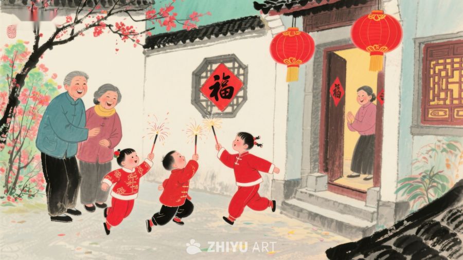 春节家庭欢庆，孩童燃放鞭炮 102