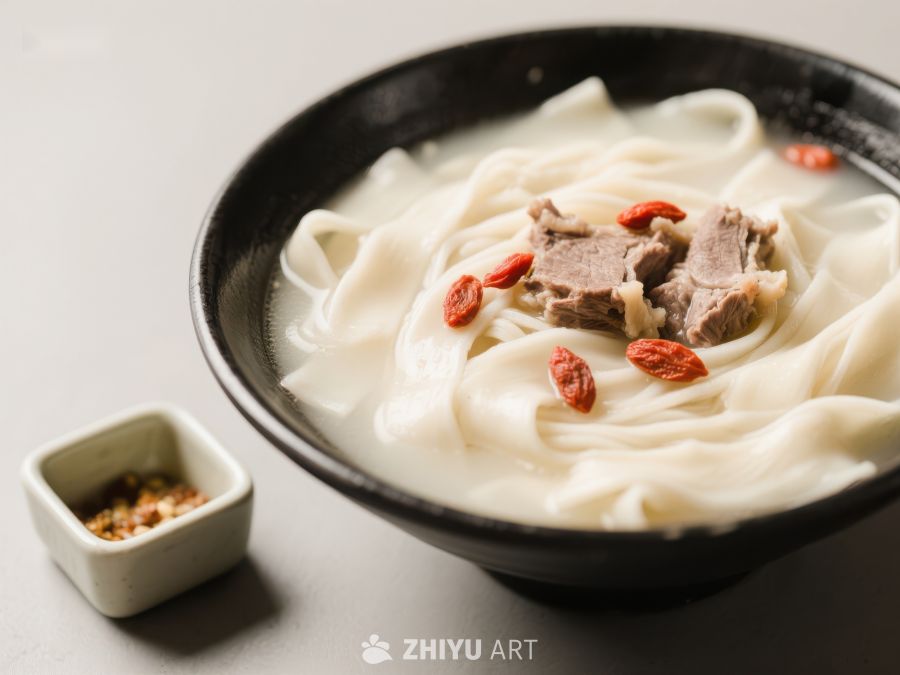 一碗热腾腾的面条配肉块和枸杞 1335