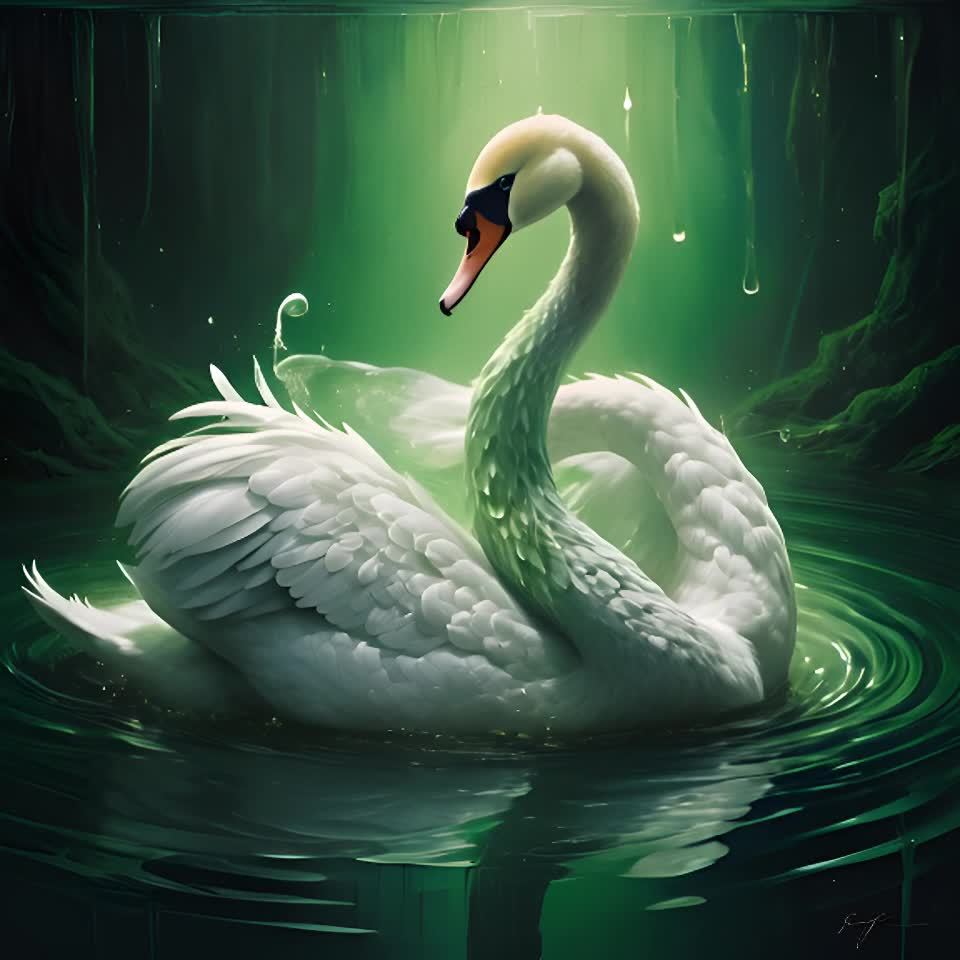 一只美丽优雅的白天鹅在充满活力的绿色水中滑行，它的