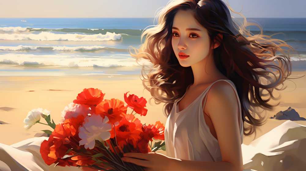 手拿花花的插画美女